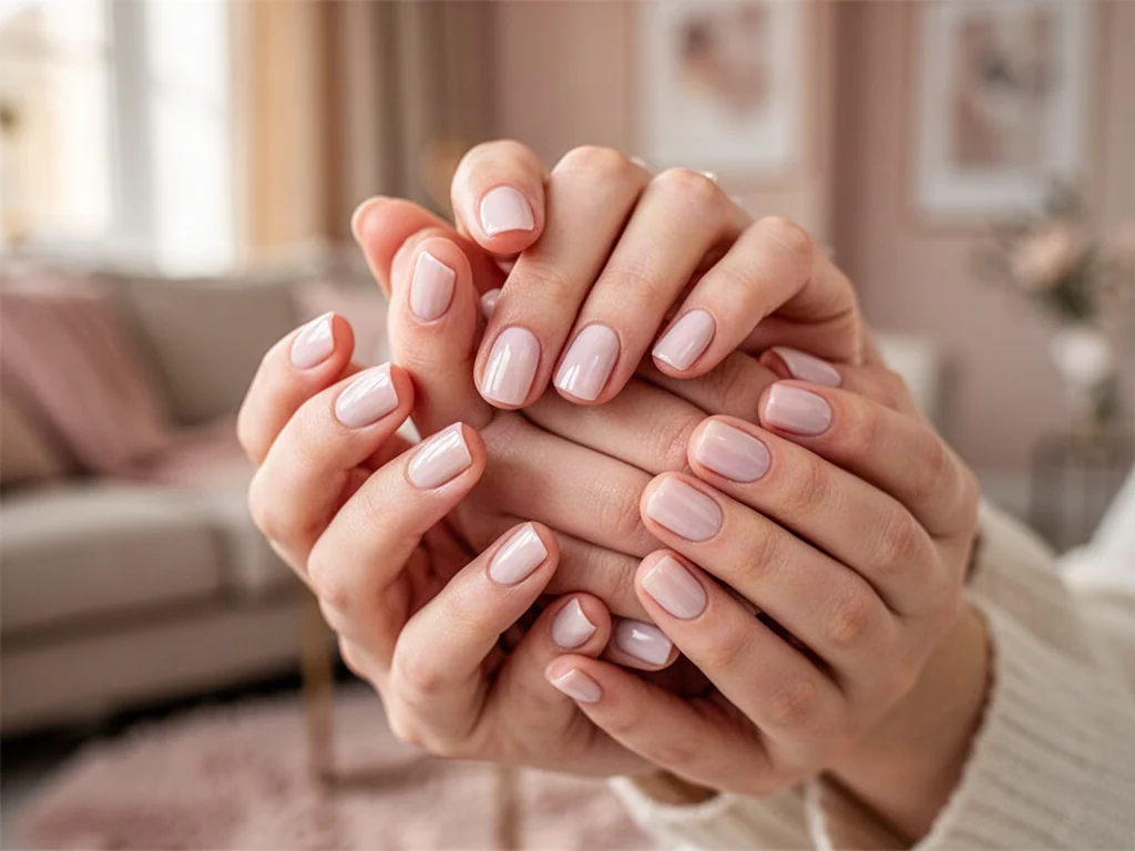 Zadbane krótkie paznokcie w minimalistycznym, pastelowym odcieniu, prezentujące elegancki i naturalny manicure.