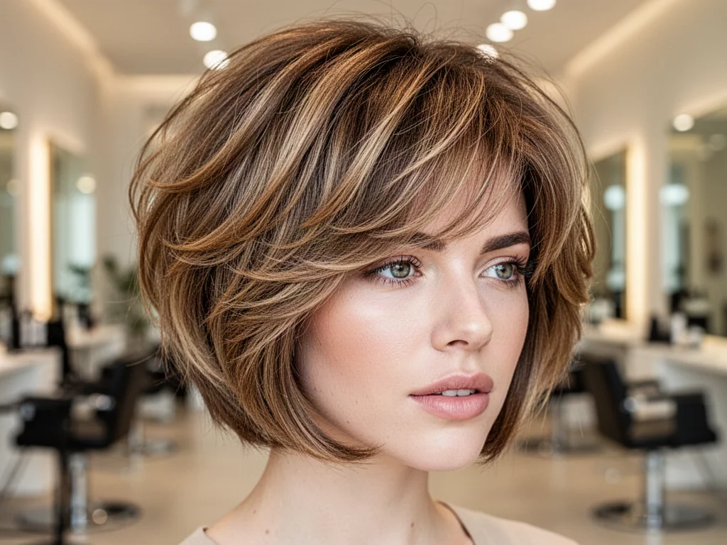 Kobieta z modną fryzurą typu bob z wyraźnym cieniowaniem i delikatnymi refleksami, prezentująca objętość włosów.
