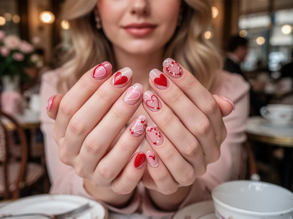 Zadbane dłonie z eleganckim manicure w serduszka w odcieniach różu i czerwieni, idealne jako inspiracja na walentynki.