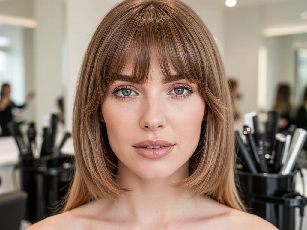 Kobieta z modną grzywką typu curtain bangs w profesjonalnym salonie fryzjerskim.