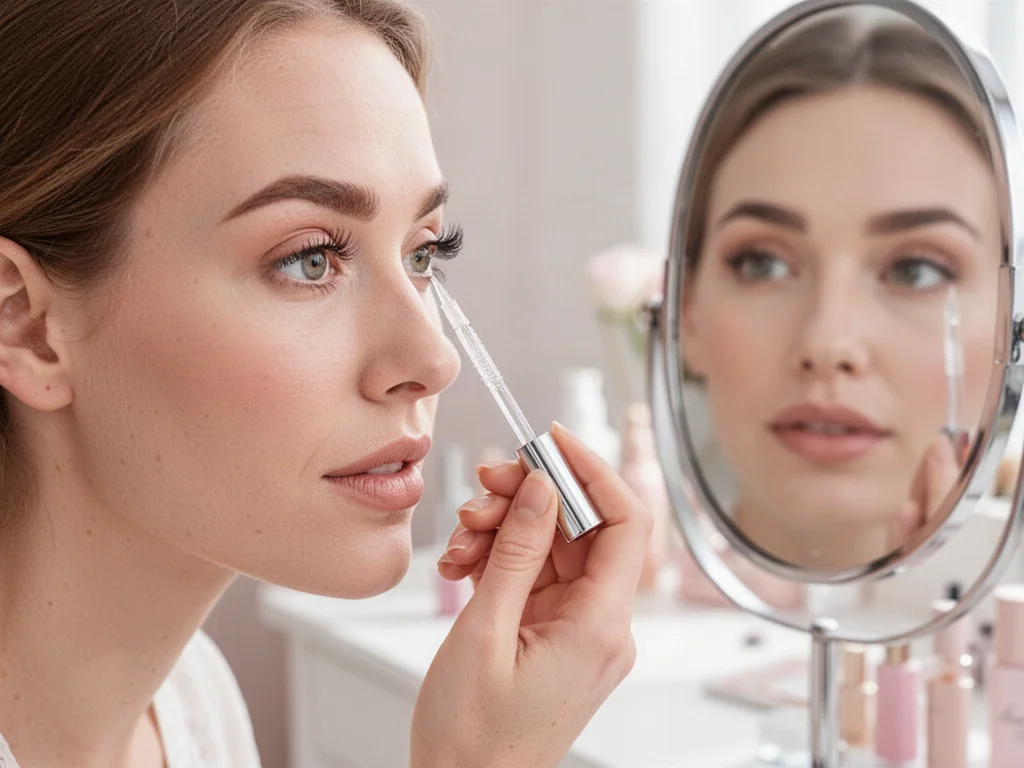 Kobieta nakłada serum na rzęsy za pomocą pędzelka, przeglądając się w lustrze w jasnym, minimalistycznym wnętrzu.
