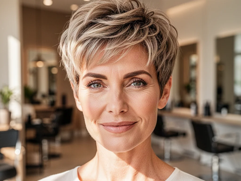 Kobieta po czterdziestce z modną, krótką fryzurą typu pixie w jasnym, profesjonalnym salonie fryzjerskim.