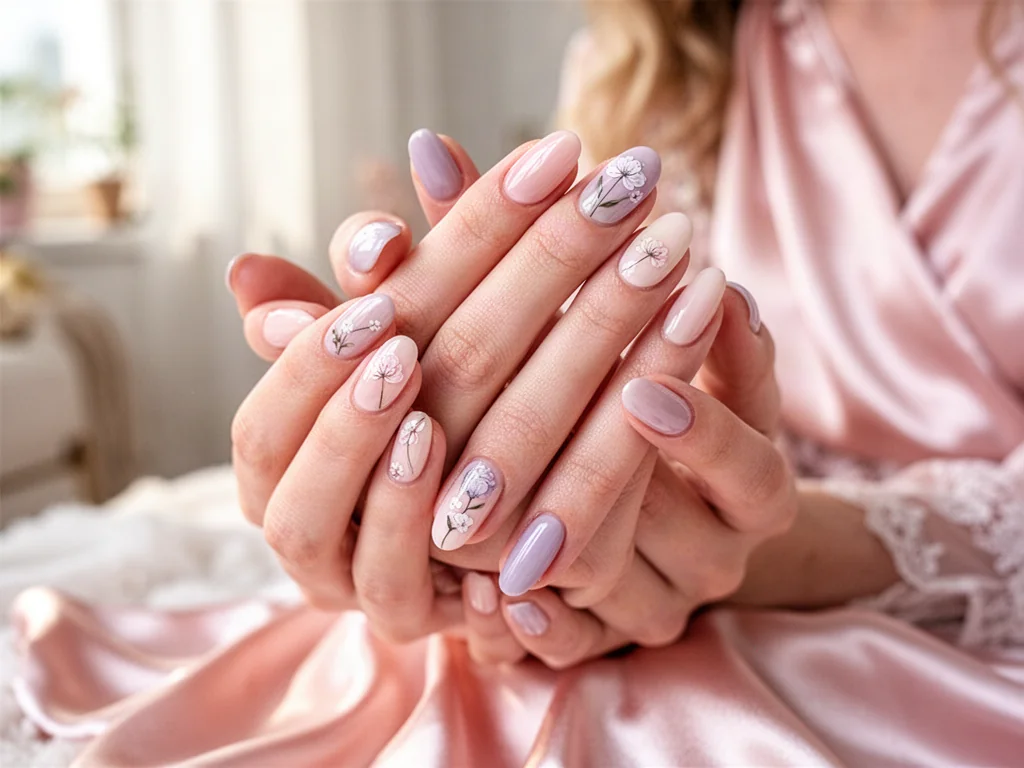 Dłonie z eleganckim manicure w pastelowych odcieniach z minimalistycznym motywem kwiatowym.