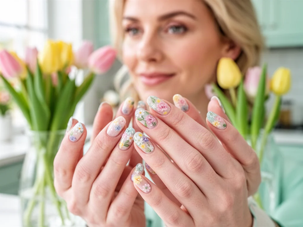 Dłonie z eleganckim wielkanocnym manicure w pastelowe kwiatowe wzory na tle słonecznej kuchni z tulipanami.